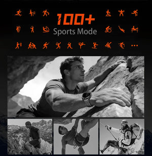 Grid of orange sport icons above black and white photos of climbers and a mountain runner