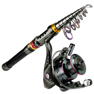 Telescopic carbon fiber rod with spinning reel, side view