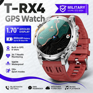 Silver watch with red silicone band, topographic trail map face, feature icons on white background