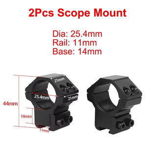 SteadyRing size chart: 1 inch (25.4mm) tube, 11mm dovetail rail, 14mm base, 44mm tall