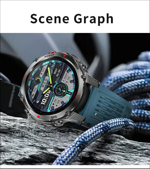 Blue-band smartwatch with teal digital face resting on rock beside a blue climbing rope