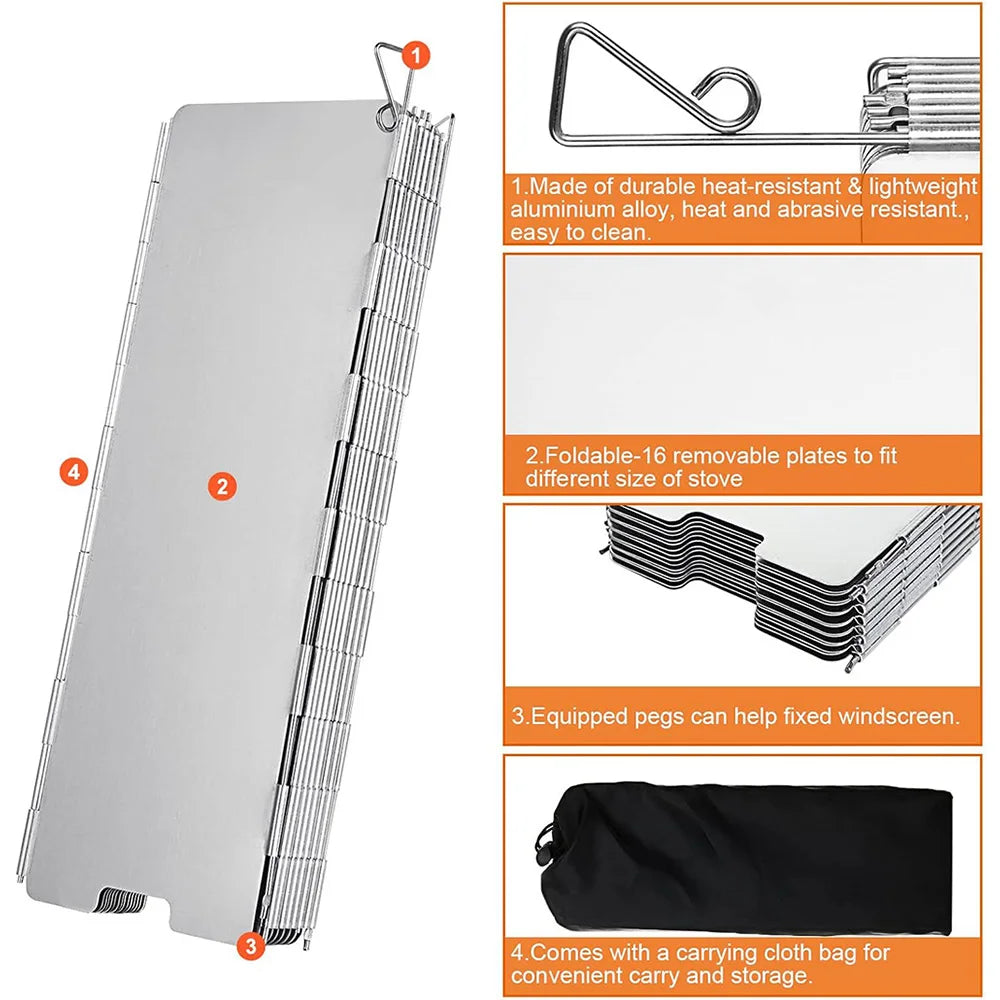 Folding aluminum camping stove windshield set up around a burner outdoors