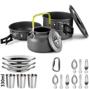 Black-handle 3-person set with 330 ml cups, plates and folding utensils