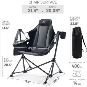 TrailLounge hammock chair size: 31.5 inch wide seat, 51.6 inches tall, 400 lb capacity
