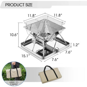 TrailBlaze grill size: 11.8 x 11.8 inch grate, 10.6 inches tall, with carry bag