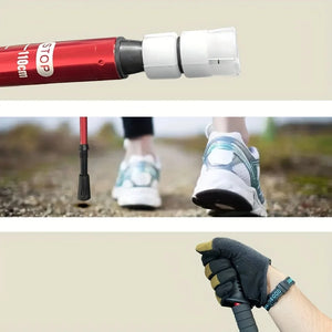 RidgeWalk pole close-ups: STOP mark at 110 cm, rubber tip on a gravel trail, gloved hand on the grip