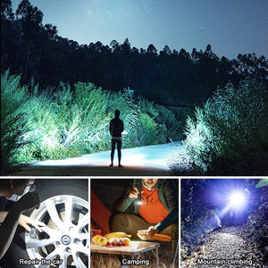 Man lighting a forest path at night; car repair, camping and trail scenes