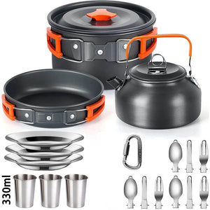 Orange 3-person set with 330 ml cups, plates and folding utensils