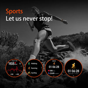 Black and white photo of a trail runner with four round watch screens for activity and workout timer