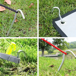 Hook stakes holding a tent loop, a grommet and guy ropes in grass