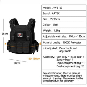 Artex AV-8123 spec chart: 55 x 30 cm, 1.9 kg, waist 110 to 150 cm, 1000D polyester