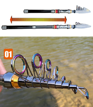 Telescopic rod extending, with close-up of line guides