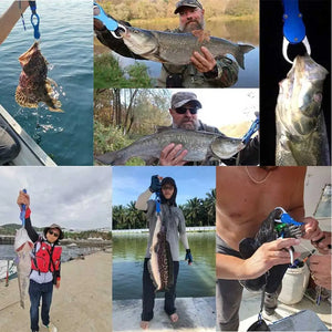 Collage of anglers holding their catch, travel fishing rod