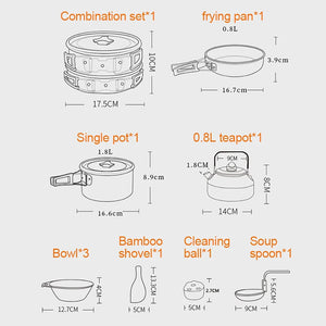 Parts drawing: 1.8 L pot, 0.8 L pan, 0.8 L kettle, 3 bowls, spatula, sponge and ladle