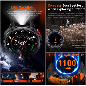 Collage of black smartwatch with LED flashlight on, compass screen, and battery graphic on orange band