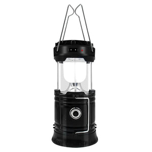 Black collapsible lantern pulled open with both wire handles up, no fan shown