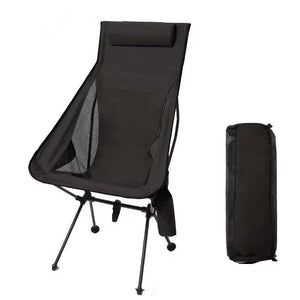 Black high back camping chair with carry bag