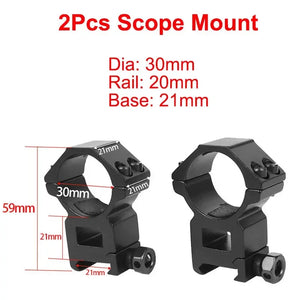 SteadyRing size chart: 30mm tube, 20mm Picatinny rail, 21mm base, 59mm tall