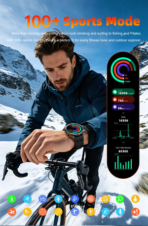 Cyclist on a snowy road checking watch activity rings; step and exercise charts, sport mode icons below