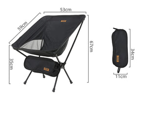 Black moon camping chair with dimensions and carry bag