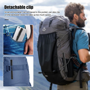 Pen light clipped in a jeans pocket and on a hiker's backpack