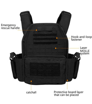 Labeled Artex vest: rescue handle, hook-and-loop panel, laser MOLLE, catchall, pad sleeve