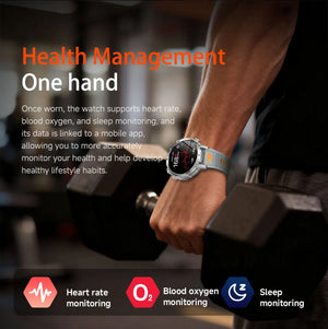 Arm holding a dumbbell wearing silver watch with grey strap, with three activity feature icons