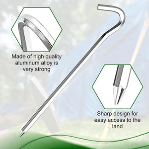 Close-up of the hook top and sharp tip of an aluminum tent stake