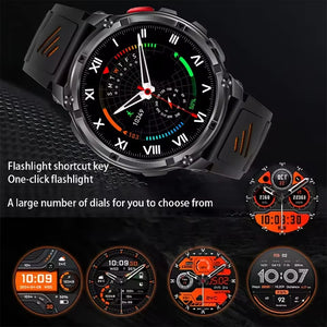 Black smartwatch on black band with Roman numeral dial, red side button and watch face options