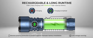 Blue flashlight glowing green while charging, with charge and full icons