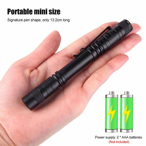 Pen light in hand with two AAA batteries, not included