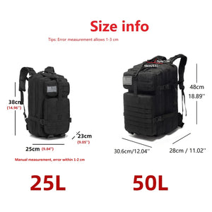 Size chart: 25L is 38 x 25 x 23 cm, 50L is 48 x 30.6 x 28 cm