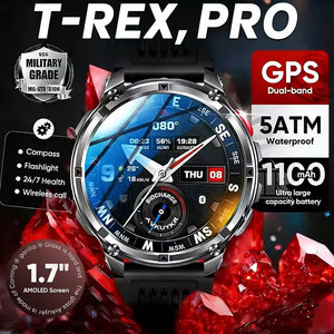 Black smartwatch with black band showing compass-style dial, surrounded by spec badges on red crystals
