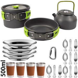 Green 4-person set with 500 ml cups, plates and folding utensils