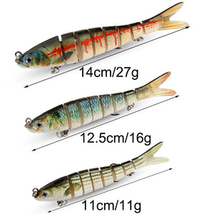 Jointed swimbait size chart: 14 cm 27 g, 12.5 cm 16 g, 11 cm 11 g
