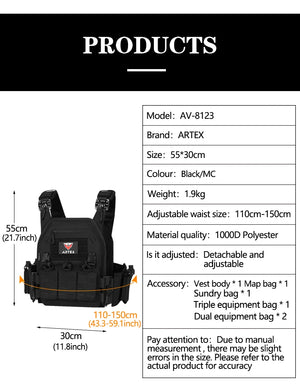 Artex vest chart with size, weight, waist range and the pouches included