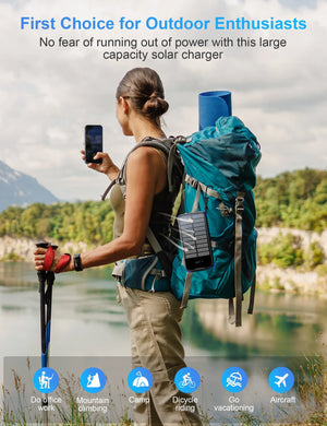 Hiker by a lake with a small solar power bank clipped to a teal backpack