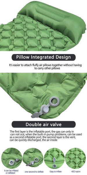 Built-in pillow and two-layer air valve on a green pad