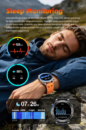 Man resting on a rock wearing silver watch with orange band; sleep duration chart and watch sleep screen
