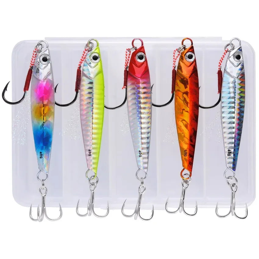 Ten metal jig lures in two clear lure boxes
