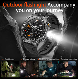 Black watch with black strap shining its side light, with four small photos of people using a light
