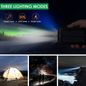 TrailCell flashlight at night with steady, SOS and strobe modes, over tent, cave and coast scenes