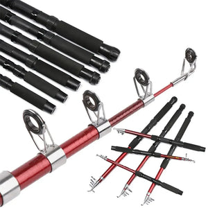 Metal line guides and collapsed red telescopic fishing rods