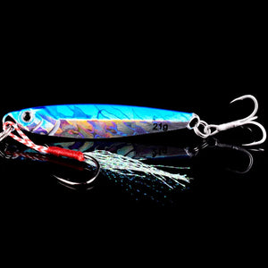 Blue holographic metal jig with a treble hook and feathered assist hook