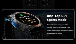 Close-up of black watch side with blue GPS quick key and running route with time, distance and pace