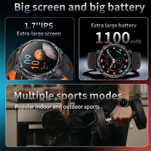Black smartwatch with orange-lined band, planet dial and analog dial, plus a man lifting dumbbells