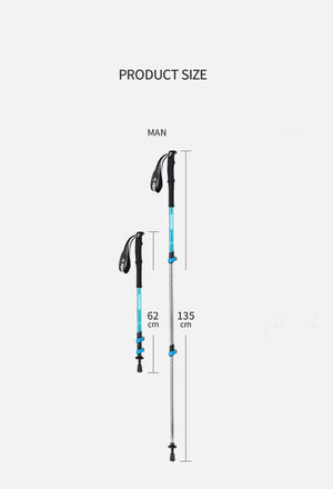 Blue trekking pole shown folded at 62 cm and fully open at 135 cm
