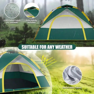 Dark green tent in the rain: 210D Oxford fabric, PU 2000 mm, extra rain fly included
