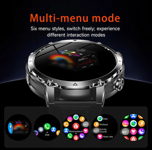 Silver watch with black strap and five round screens showing different app menu layouts