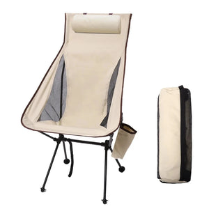 Beige high back camping chair with carry bag